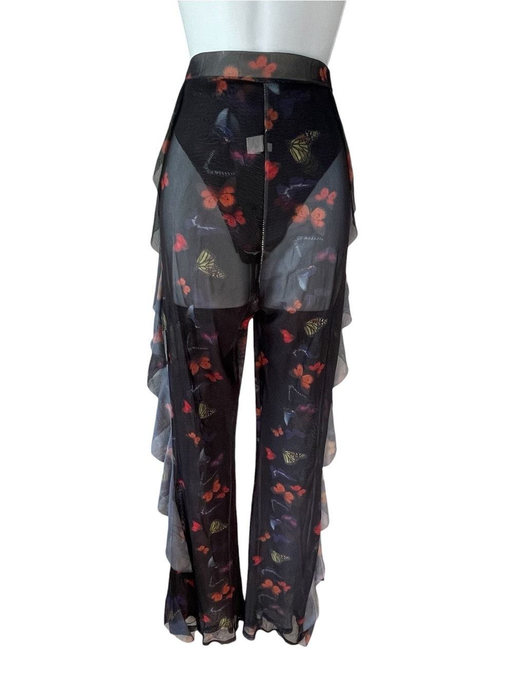 Butterfly Floral Mesh Ruffle Flare Pants Sheer High Rise Fairy Grunge Goth Y2K - Picture 2 of 7